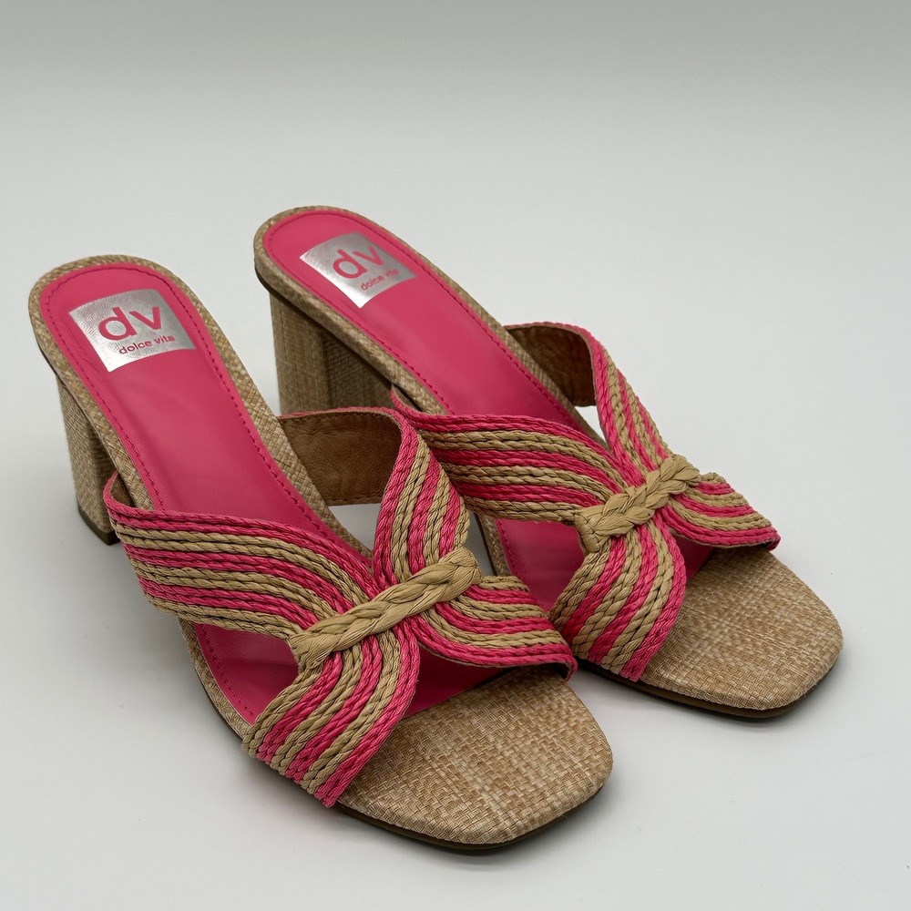 DV Dolce Vita Womens 9 Haady Slide Sandals Pink Tan Woven Block Heel Square Toe